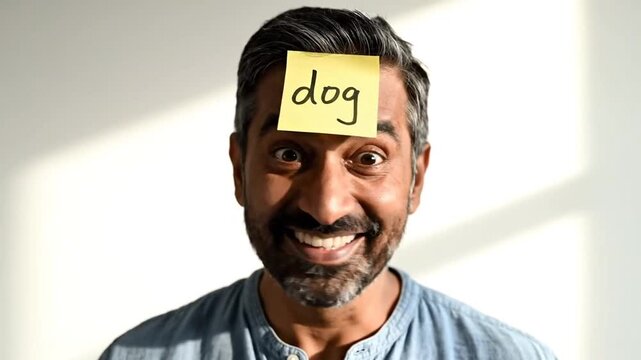 Playful middle aged man with a sticky note on his forehead playing a guessing game.