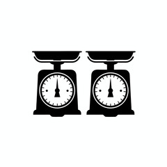 Pair of solid black analog kitchen weighing scale silhouettes isolated on white background for culinary and baking measurement concepts