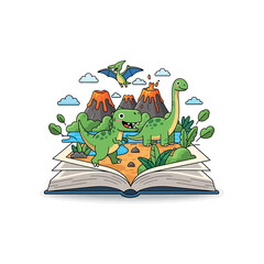 Dinosaurs and pterodactyl emerge from an open book with prehistoric landscape illustration © Saeful khasan