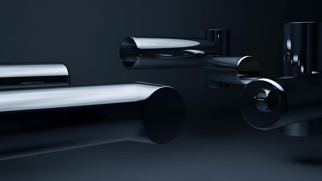 Abstract arrangement of polished metallic cylinders and pipes on dark background