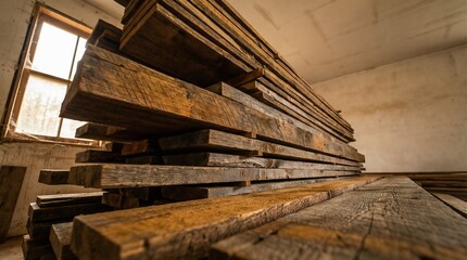 Obraz premium Reclaimed Barn Wood Planks Stacked in a Workshop