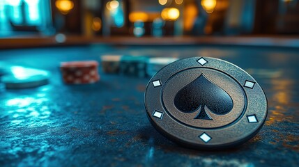 Spade poker chip with stack of chips on a dark, textured table in a casino setting