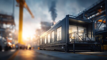 Obraz premium Industrial scene with a modified container office, blurred background of factory equipment, soft light