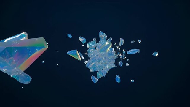 Abstract iridescent crystal explosion against a dark background with dynamic shards flying around