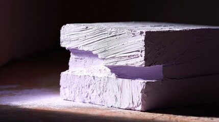 Close-up of a rough-cut, lavender-colored block sculpture in soft light, with textured surfaces