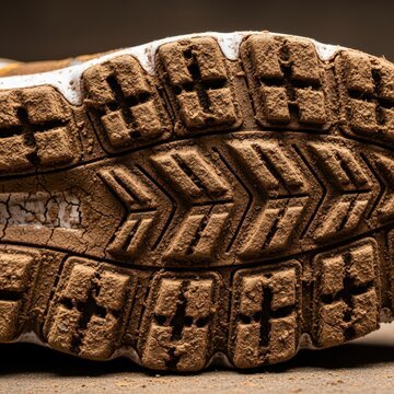 Extreme close-up of a rubber sole covered in thick, caked brown mud and dust, showing rugged traction patterns on the bottom of the athletic footwear, adventure, brown, dirt