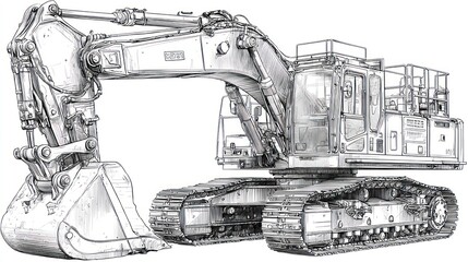 Detailed line drawing of a large excavator machine with intricate mechanical details