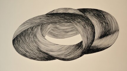 Interlocking rings, hatched drawing, with a smooth, flowing, and organic feel