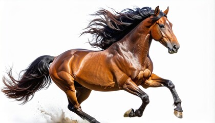 Obraz premium A dynamic brown horse in full gallop, mane flowing, against a clean white background from a side viewpoint