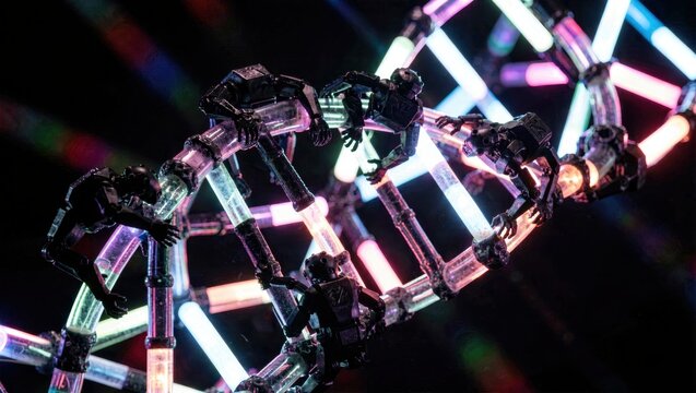 Stealth black nanobots constructing a glowing neon DNA helix in a dark environment