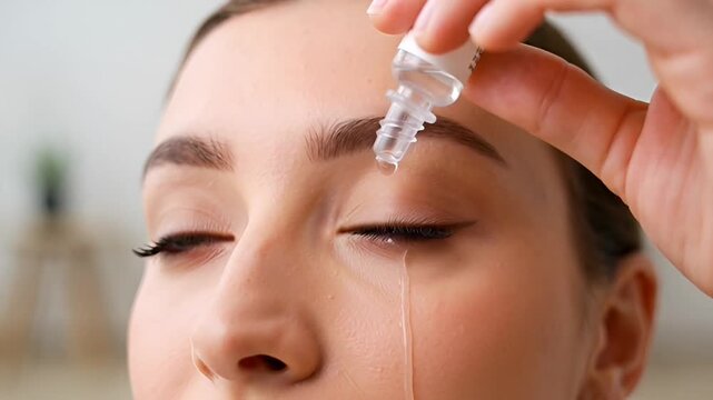 A young woman applying eye drops to her eye for relief or treatment