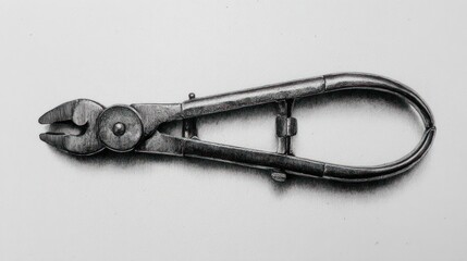 Detailed, shaded drawing of antique-looking metal tool on white paper background