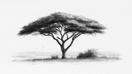 Solitary, broad tree stands in a grassy field, rendered in grayscale, sketched effect
