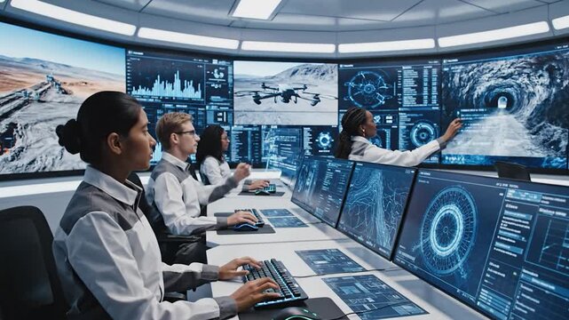 Control room operators monitoring drone operations.
