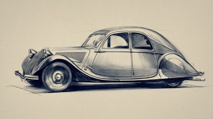 A pencil sketch of an Art Deco era car with rounded forms and streamlined design