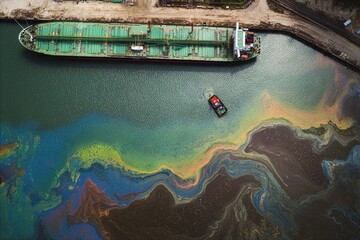 Aerial view of a large cargo ship docked in a harbor with colorful oil slicks on the water © Pavel Babic