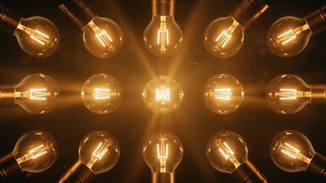 Arrangement of Glowing Incandescent Light Bulbs with a Central Bulb Emitting a Symbol of Light filament