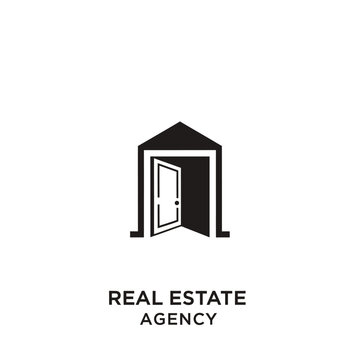 A simple, black & white logo depicts an open door within a house shape. Text below REAL ESTATE AGENCY