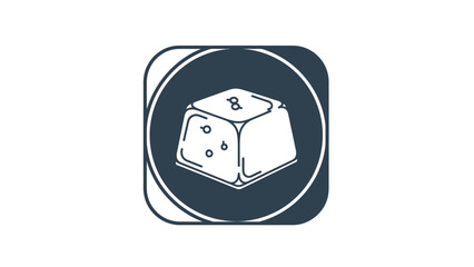 A square-shaped, stylized illustration of a white sugar cube with dots, in a dark blue circle