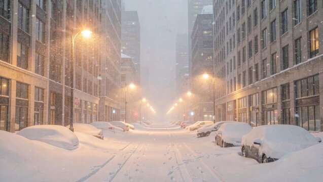 Metropolitan Street Buried in Deep Snow Under Sodium Vapor Lights