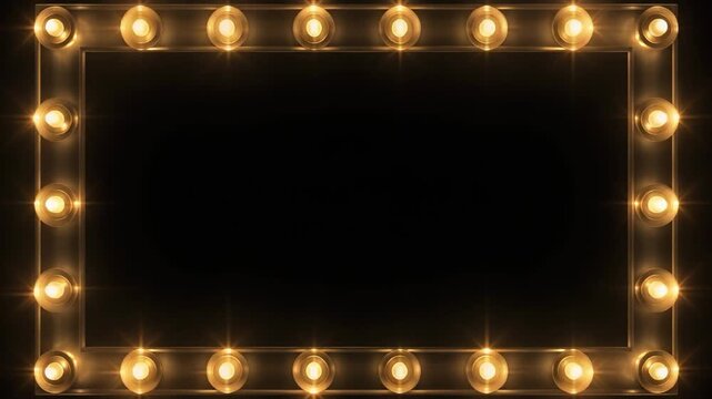 Brightly Lit Vintage Marquee Frame with Warm Golden Bulbs on a Black Background border lights