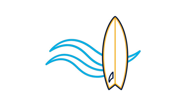 A line-art illustration shows a surfboard with three stylized blue waves