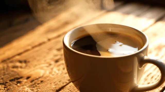 Steaming Hot Coffee Mug in Morning Sunlight on Rustic Wooden Table.