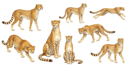 A charming watercolor collection of cheetahs, including standing cheetahs, sitting poses, walking movements, running leaps, crouching stances, and detailed spotted fur patterns. © liana