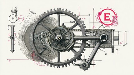 An intricate mechanical blueprint overlayed with gears, saw, and articulated arms, presented in grayscale