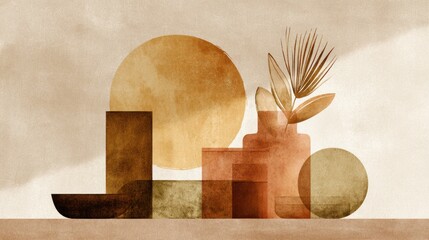 Abstract watercolor-style composition of geometric shapes and botanical elements