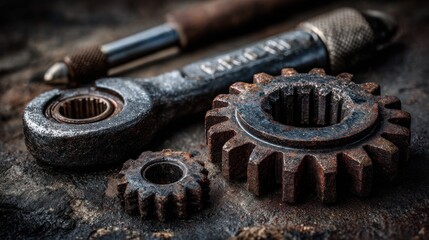 Close-up of old, rusty metal tools and gears set against a weathered, textured backdrop