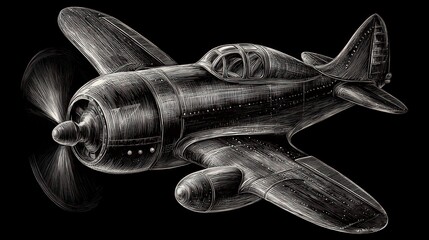 A detailed, grayscale sketch of a vintage propeller airplane against a stark black background