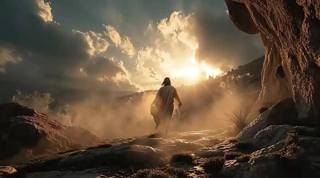 The resurrection of Jesus Christ as He walks out of the cave tomb, bringing hope, faith, and renewal to the world on Easter.