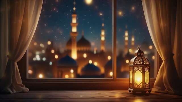 Ramadan night view from a window with a glowing lantern and a city skyline featuring mosques and lights