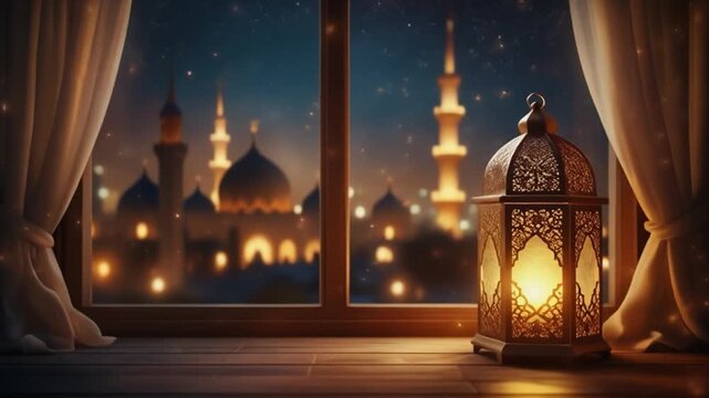 Ramadan night scene through a window with a decorative lantern and a city skyline of mosques under a starry sky