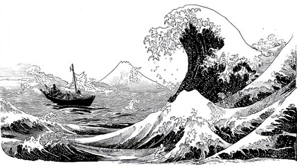 Dramatic vintage illustration of a powerful ocean wave towering over a small boat with distant peaks and rough seas in black and white.