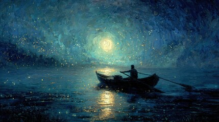 Night scene person rowing boat under a starry, swirling, and luminous sky