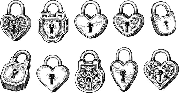 Vintage padlocks. Big collection of ink sketches. Hand-drawn engraving illustrations.
