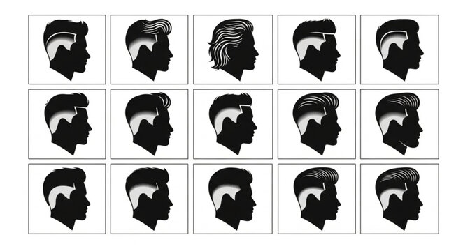Collection of male hairstyle silhouettes in profile view.