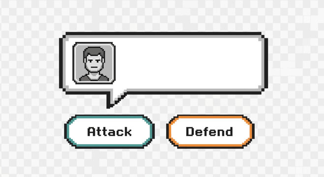 Pixel Art Battle Interface with Attack and Defend Options.
