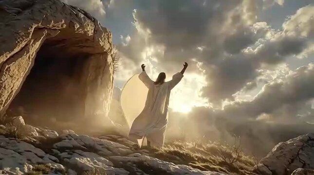 The resurrection of Jesus Christ as He walks out of the cave tomb, bringing hope, faith, and renewal to the world on Easter.