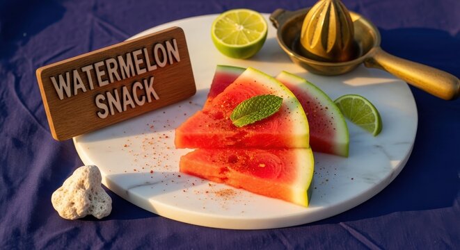 Refreshing Watermelon Snack with Chili and Lime on Indigo Masi and White Marble