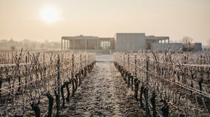 Obraz premium Dormant Winter Vineyard Vines with Light Morning Frost and Modern Winery