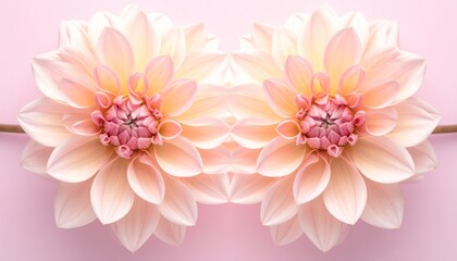 Fototapeta premium Symmetrical Composition of Two Soft Pink Dahlia Flowers on Pink Background