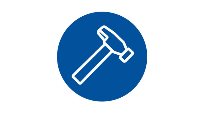 A white line art illustration of a hammer inside a blue circle on a white background
