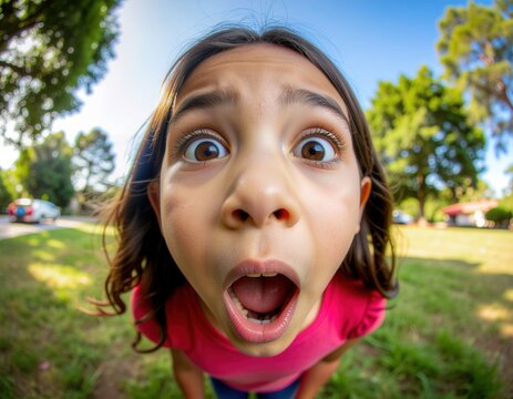 Young girl making surprised face with wide angle lens