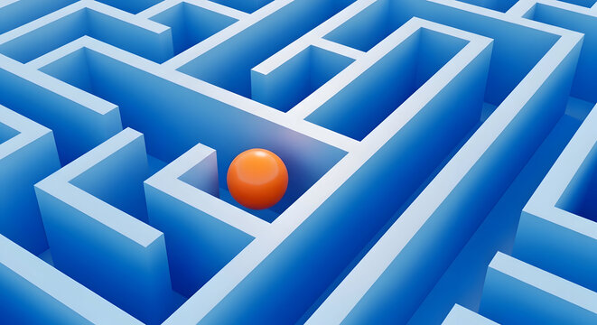 A lone orange egg navigates through a complex blue maze with multiple paths and dead ends in a 3d illustration