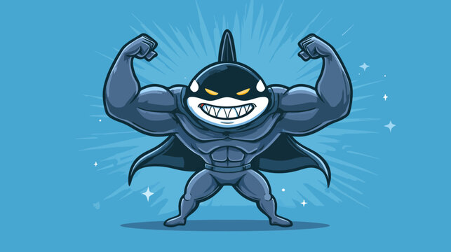Muscular character with a whale's head, flexing and smiling, standing on a blue background