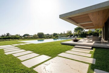 Minimalist backyard of a modern house with a large pool and concrete path.