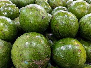 ​A pile of fresh green avocados at a local market. These organic tropical fruits are harvested for their creamy texture, offering a healthy source of fats and nutrients for a balanced diet.
